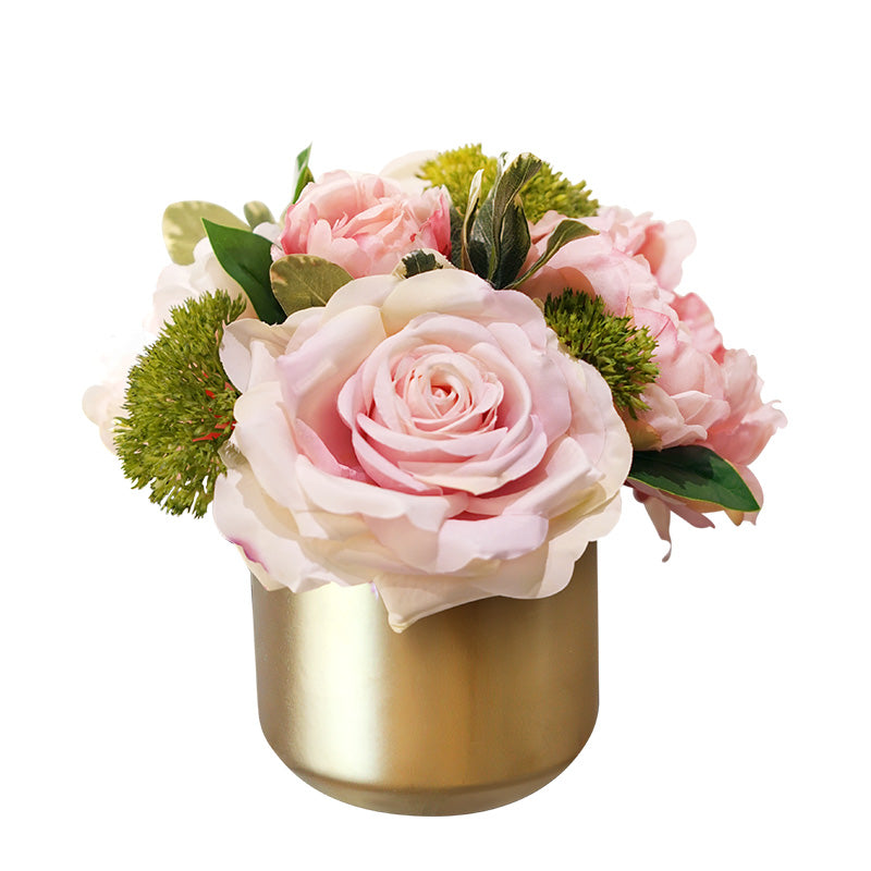 Pink Rose Peony Floral Arrangement in Gold Metal Vase 9" Tall