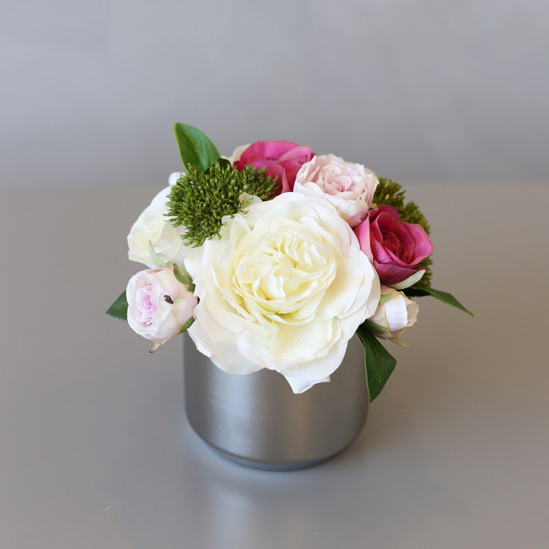 White Pink Roses Floral Arrangement in Silver Metal Vase 8" Tall