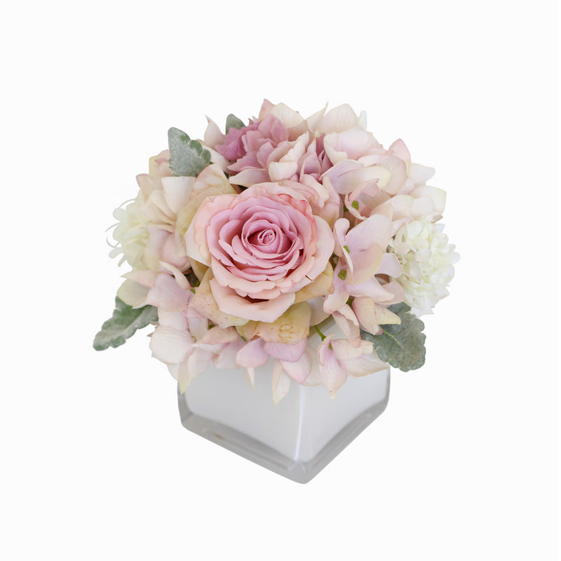 Plush Pink Rose Hydrangea Floral Arrangement in Glass Vase 8" Tall