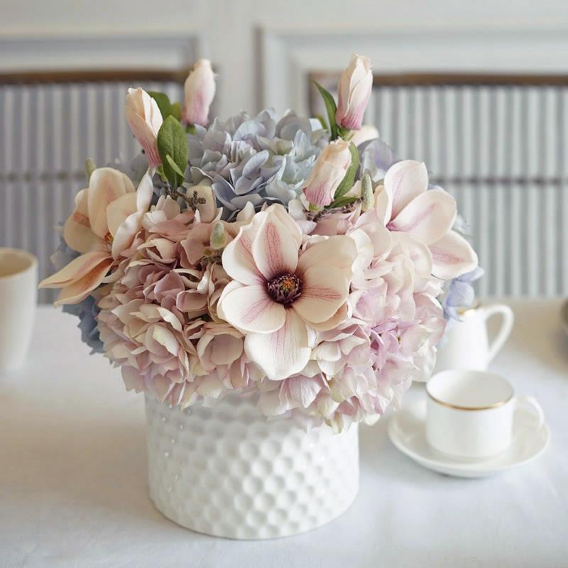 Pink Blue Hydrangeas Magnolia Floral Arrangement in Ceramic