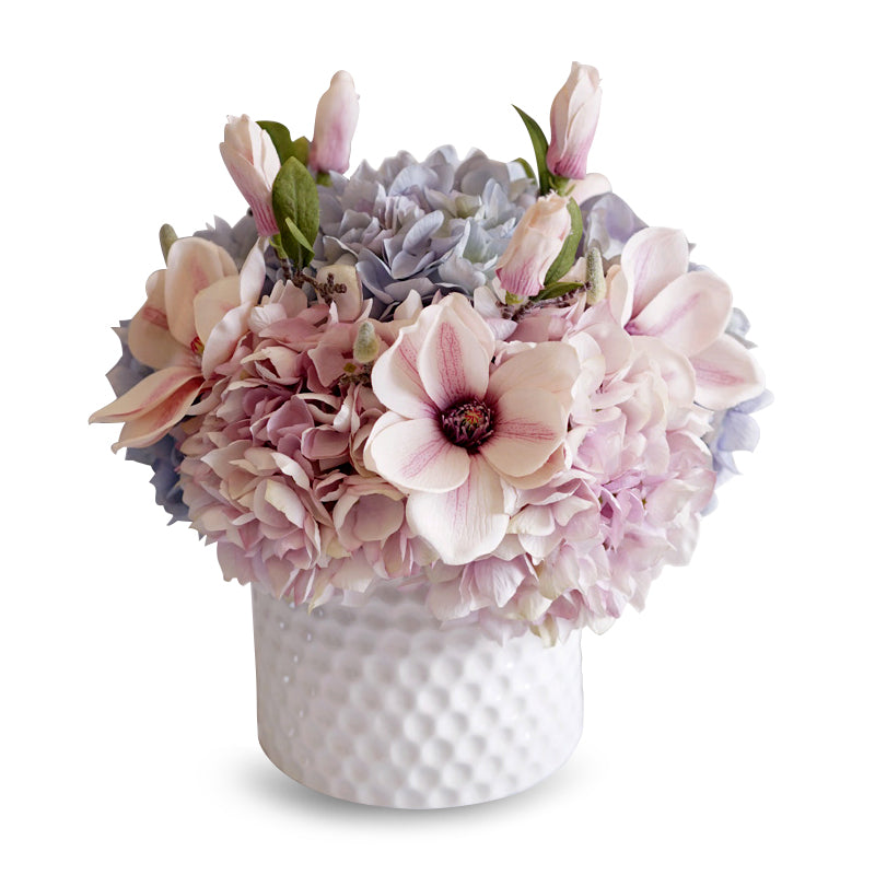 Pink Blue Hydrangeas Magnolia Floral Arrangement in Ceramic Vase 15" Tall