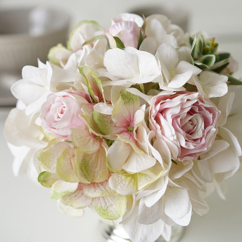 White Hydrangea Pink Rose Floral Arrangement in Silver Metal Vase 8" Tall