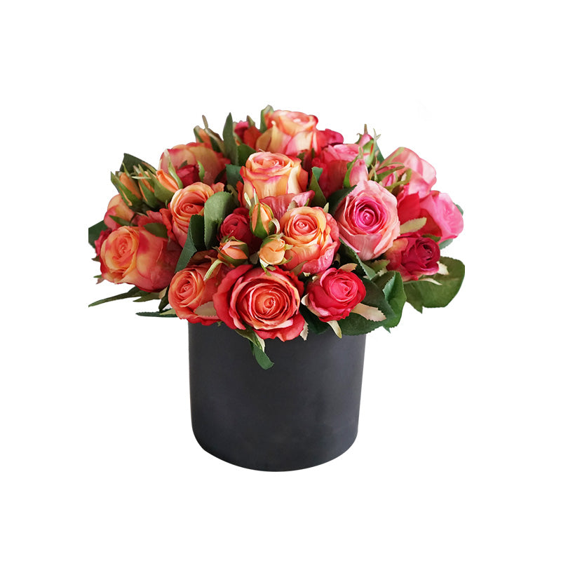 Silk Red Roses in Black Vase 13" Tall