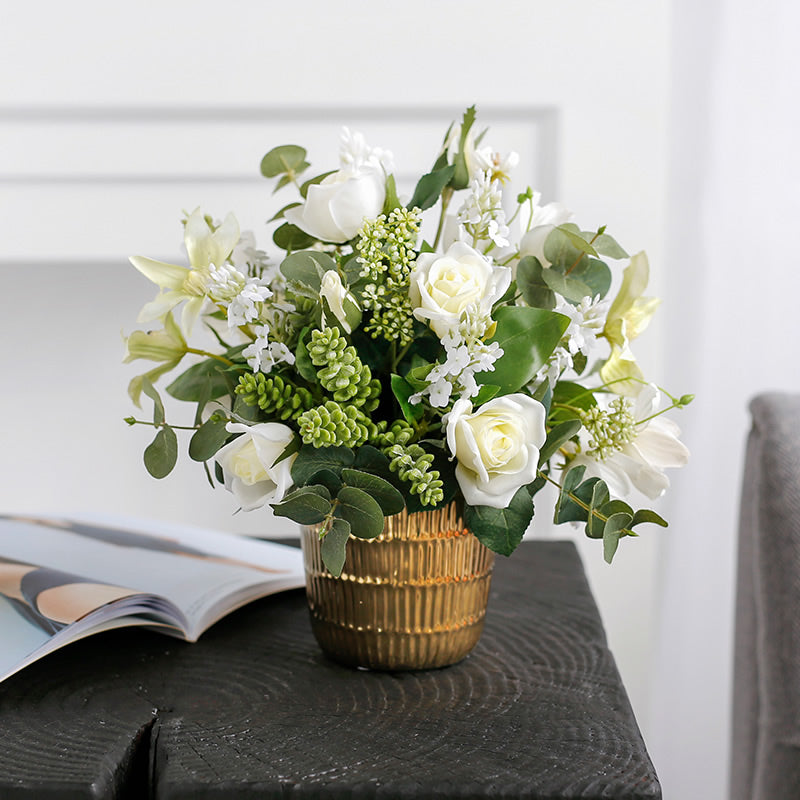 White Anemone Flower and Green Leaf Bouquet with Gold Metal Vase