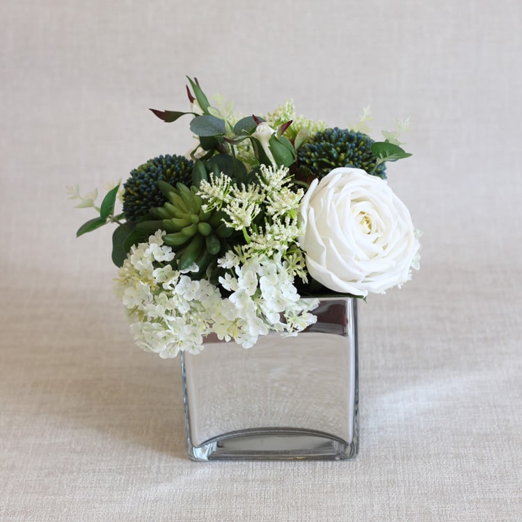 White Blue in Green Flower Arrangement in Glass Vase 9" Tall