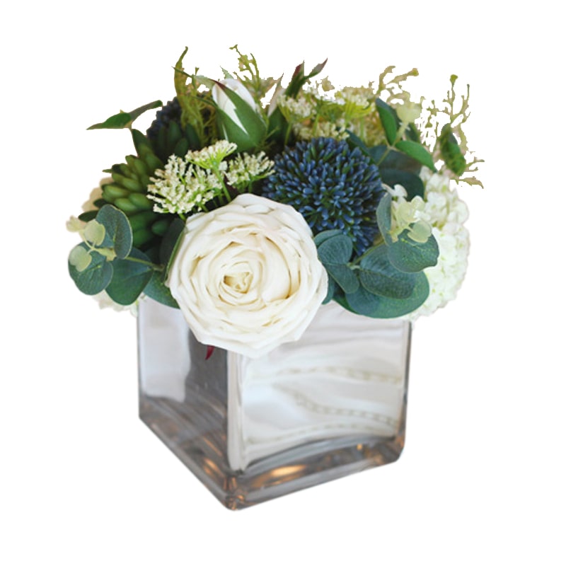White Blue in Green Flower Arrangement in Glass Vase 9" Tall