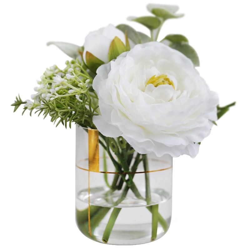 Silk White Lian Flower with Greenery in Faux Water Glass 7.1" Tall