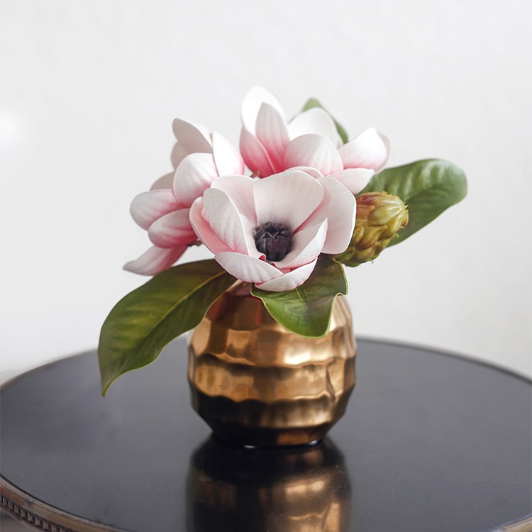 Artificial Magnolia Flower in Ceramic Gold Vase 8.6" Tall