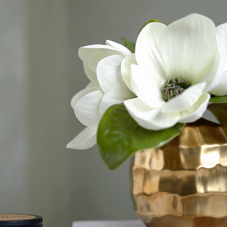 Artificial Magnolia Flower in Ceramic Gold Vase 8.6" Tall