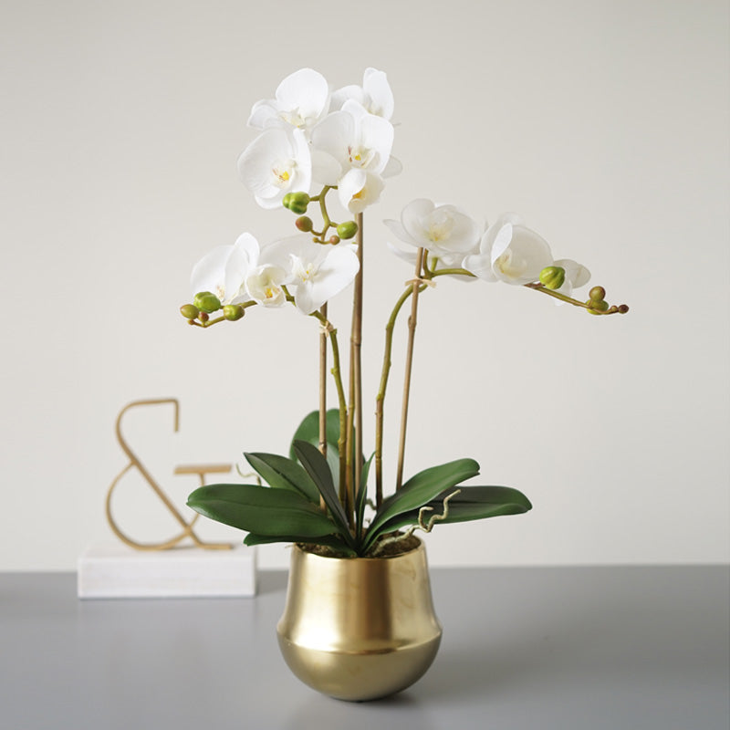 Real Touch Orchid Arrangement in Gold Metal Vase 26" Tall