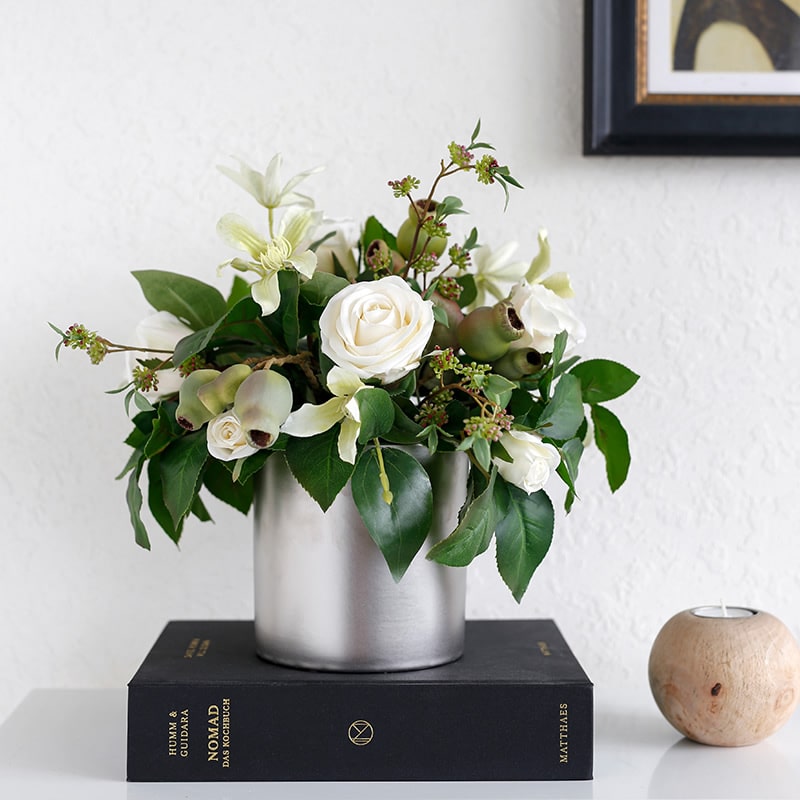 White Rose and Green Leaf Small Bouquet with Gold Metal Vase