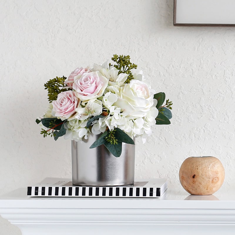 White Hydrangea Pink Rose Floral Arrangement in Silver Metal Vase 8" Tall