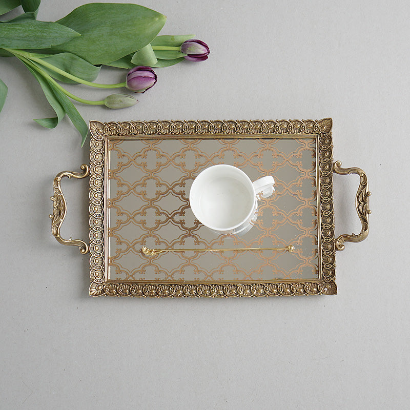 Carving Frame Floral Pattern Mirrored Brass Tea or Vanity Tray