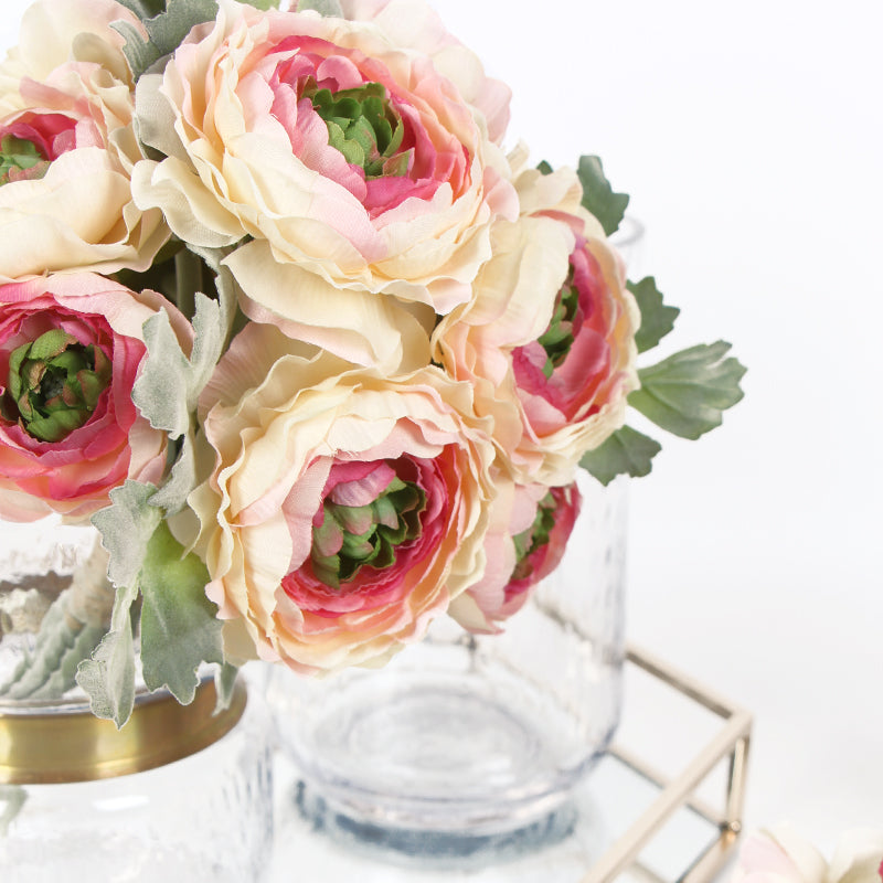 Silk Ranunculus Asiaticus Buttercup Bouquet in Pink White 11" Tall