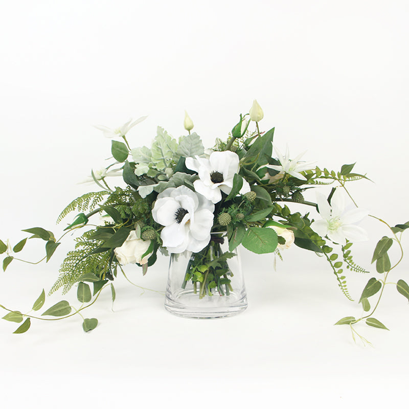 White Anemone Flower and Green Leaf Bouquet with Glass Vase