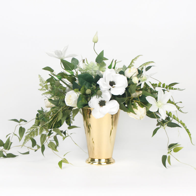 White Anemone Flower and Green Leaf Bouquet with Gold Metal Vase