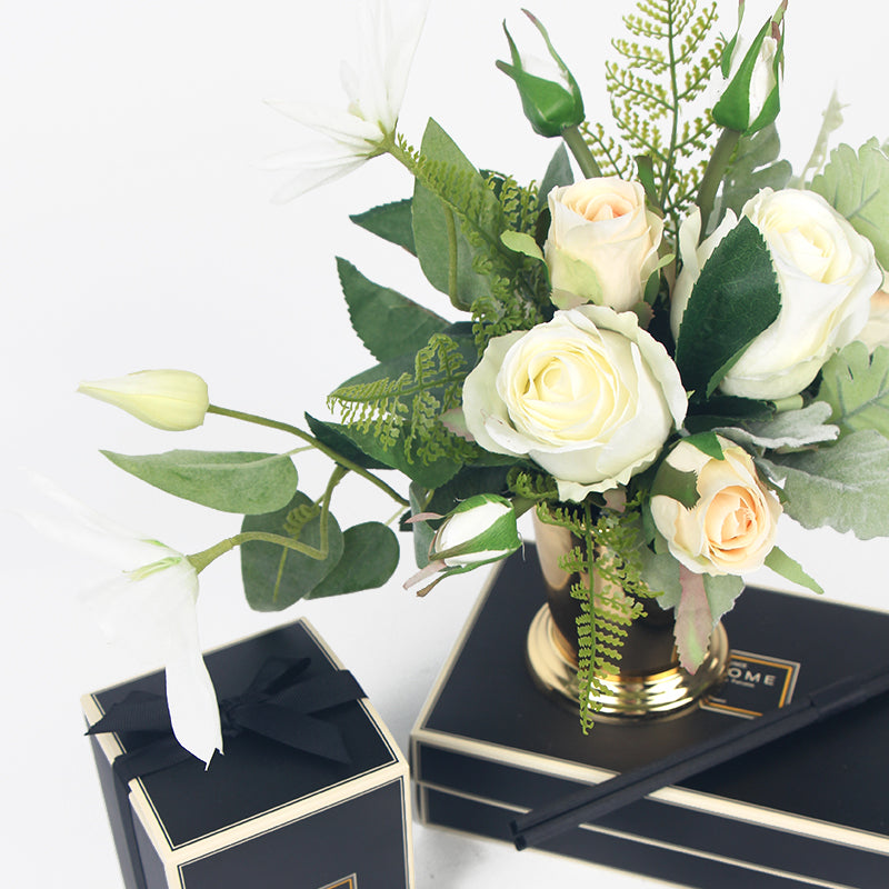White Rose and Green Leaf Small Bouquet with Gold Metal Vase