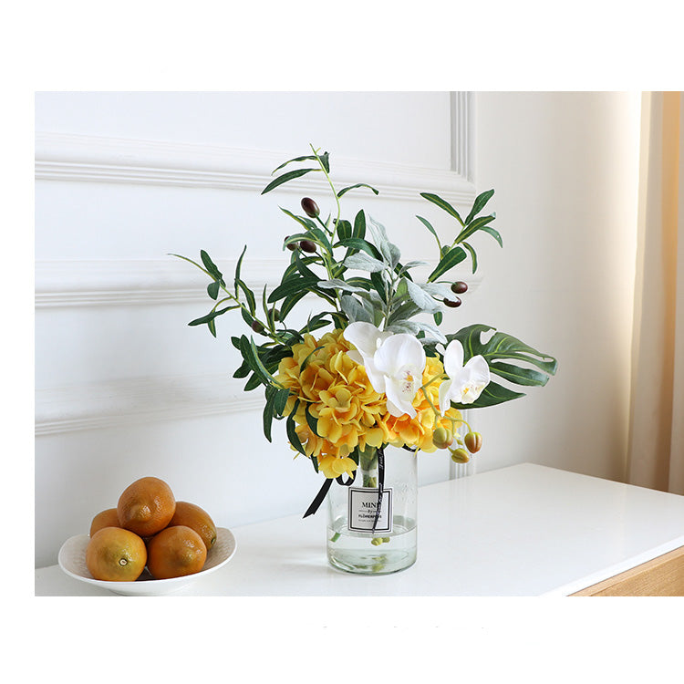 Yellow Hydrangea White Orchid and Greenery in Vase 16" Tall