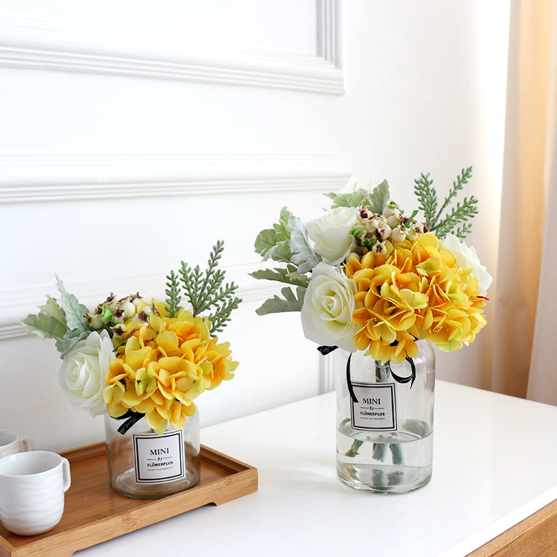 Yellow Hydrangea White Rose and Greenery in Vase