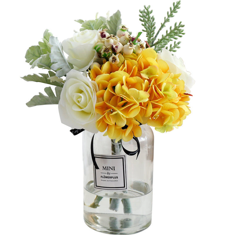 Yellow Hydrangea White Rose and Greenery in Vase